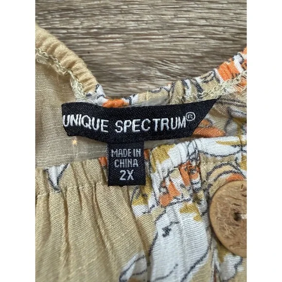 Unique Spectrum Blouse Womens 2X Tan White Orange Floral Button Decor Tie Sleeve - Picture 5 of 7